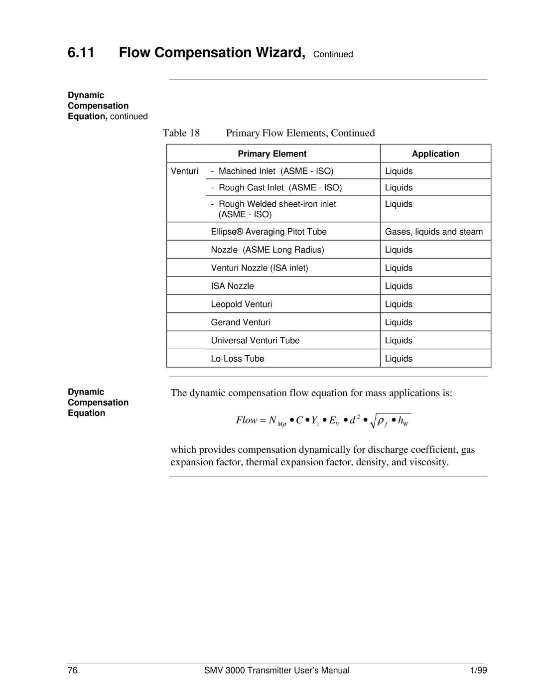 Honeywell SMV 3000 user manual Dynamic compensation flow equation for mass applications is, Flow = N 