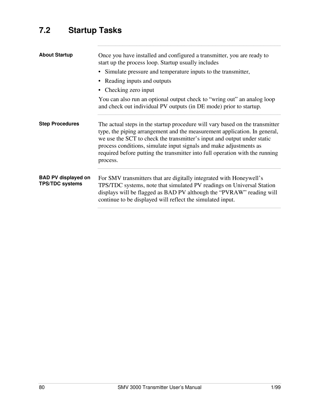 Honeywell SMV 3000 user manual Startup Tasks, About Startup Step Procedures, BAD PV displayed on TPS/TDC systems 