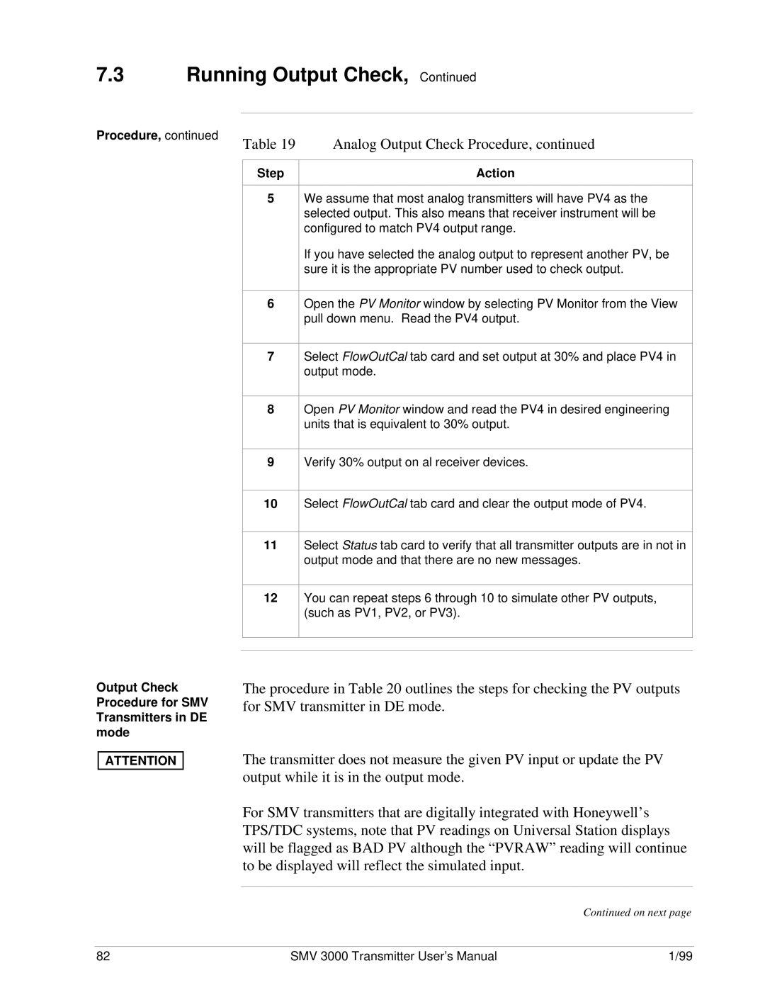 Honeywell SMV 3000 user manual Procedure Step, Output Check Procedure for SMV Transmitters in DE mode 