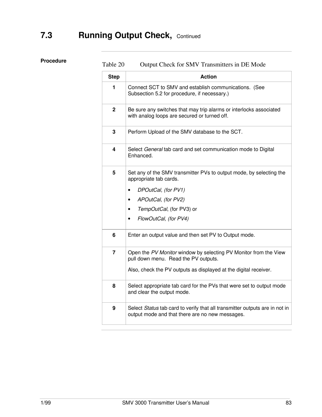 Honeywell SMV 3000 user manual Output Check for SMV Transmitters in DE Mode, FlowOutCal, for PV4 