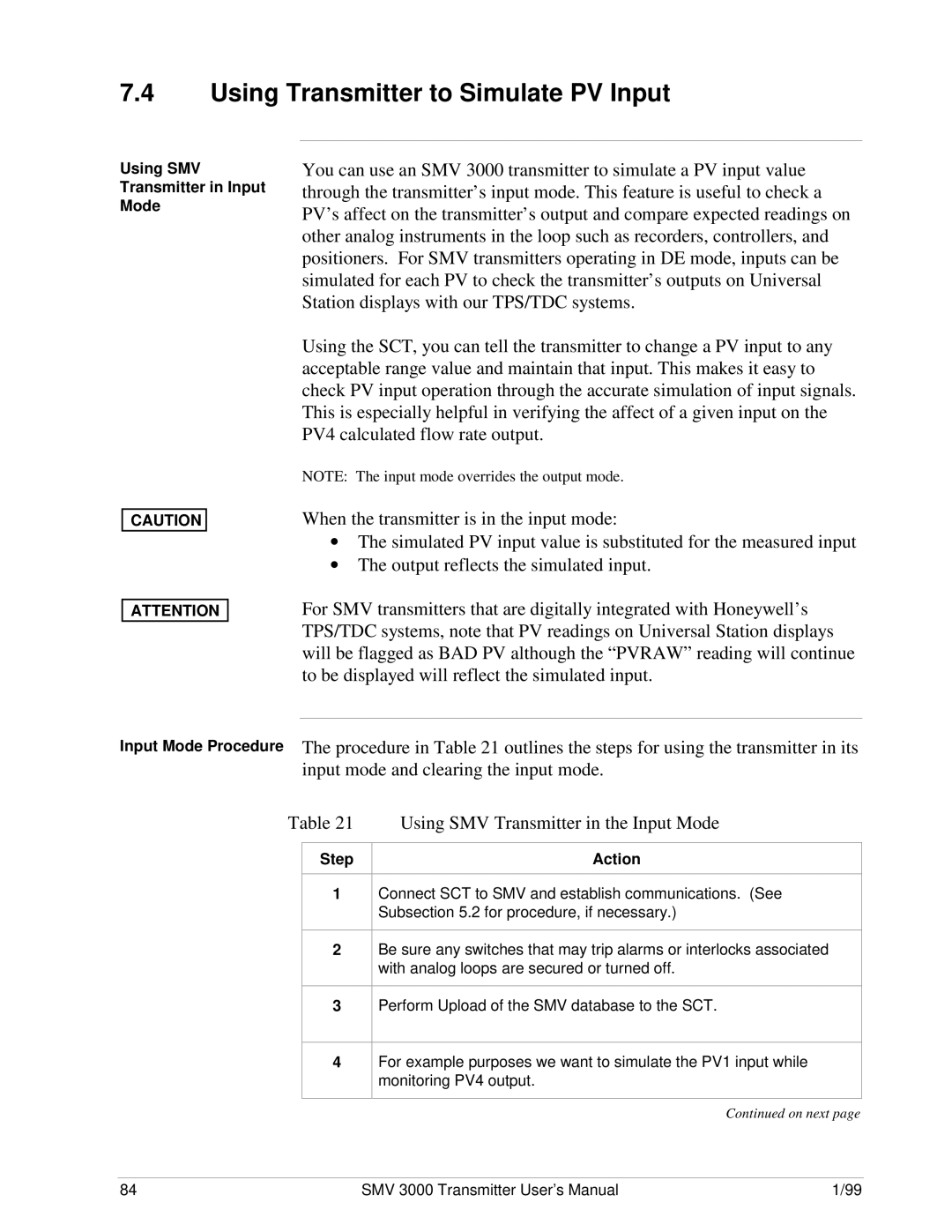 Honeywell SMV 3000 user manual Using Transmitter to Simulate PV Input, Using SMV Transmitter in Input Mode 