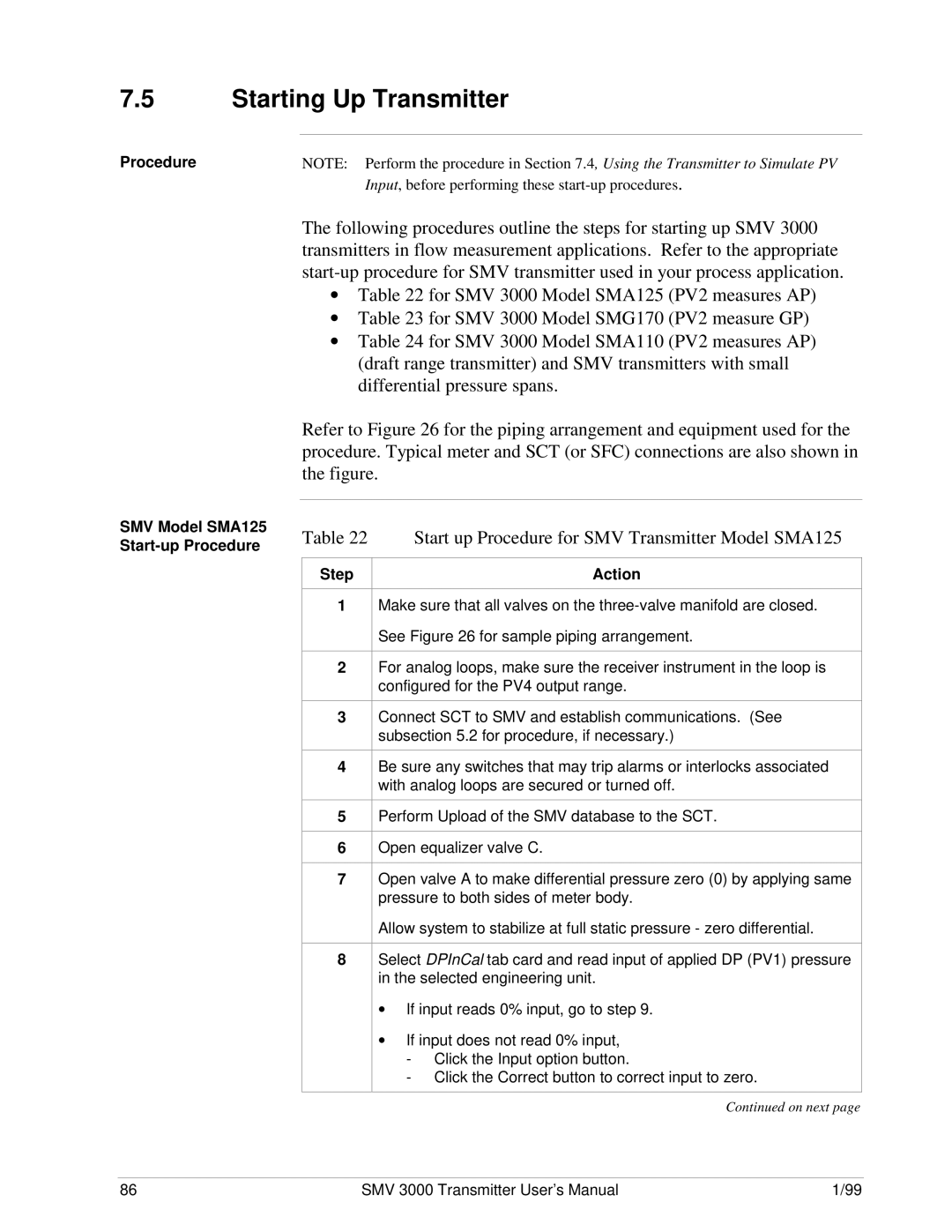 Honeywell SMV 3000 user manual Starting Up Transmitter, SMV Model SMA125 Start-up Procedure 