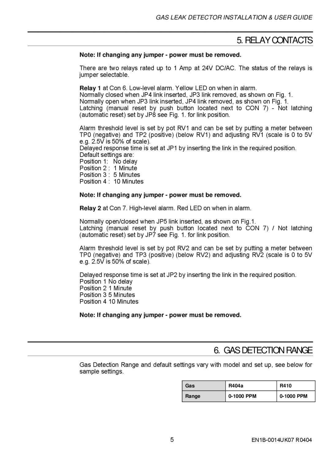 Honeywell SN0500 manual Relay Contacts, GAS Detection Range 