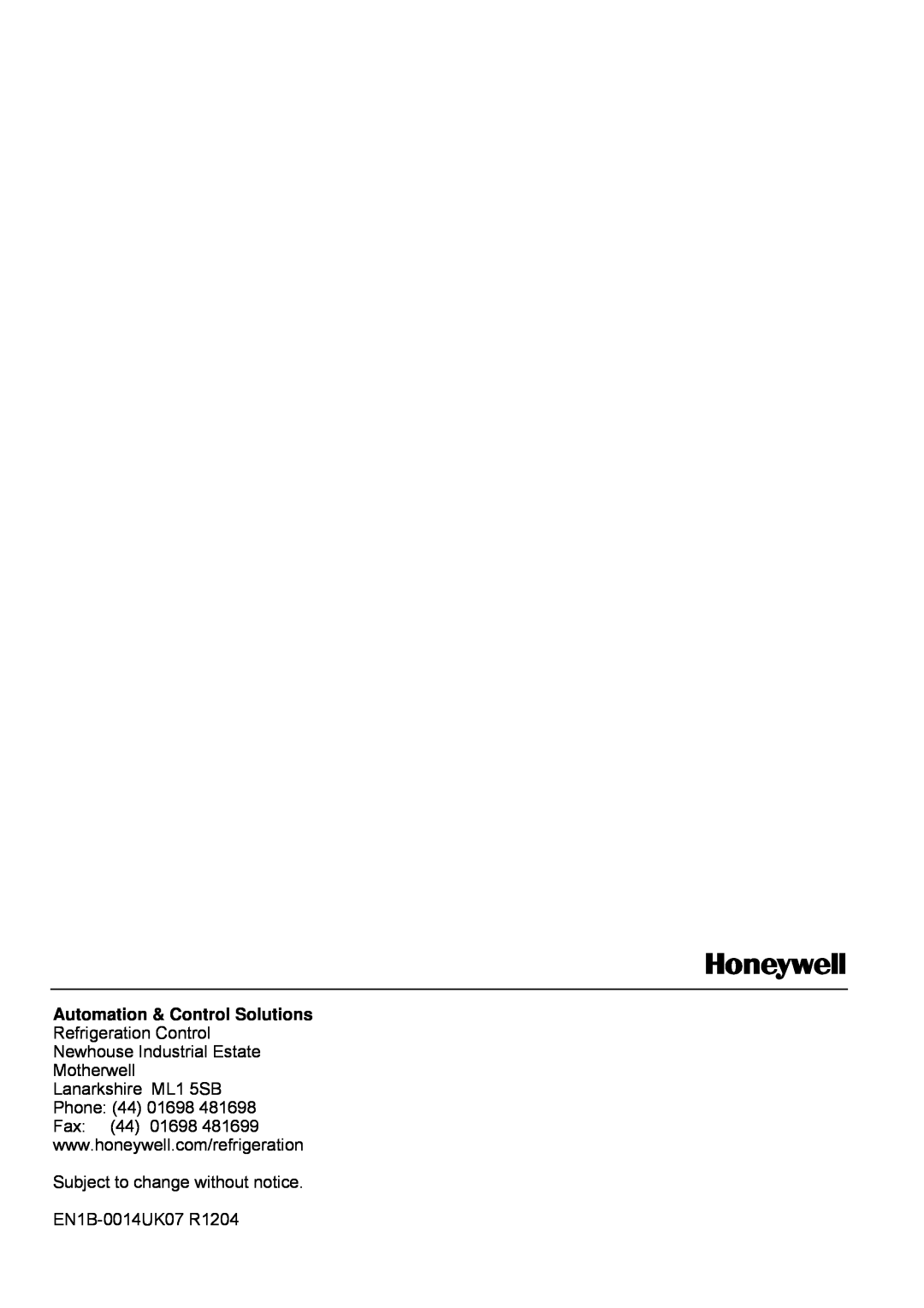 Honeywell SN0500 manual Subject to change without notice, EN1B-0014UK07R1204 