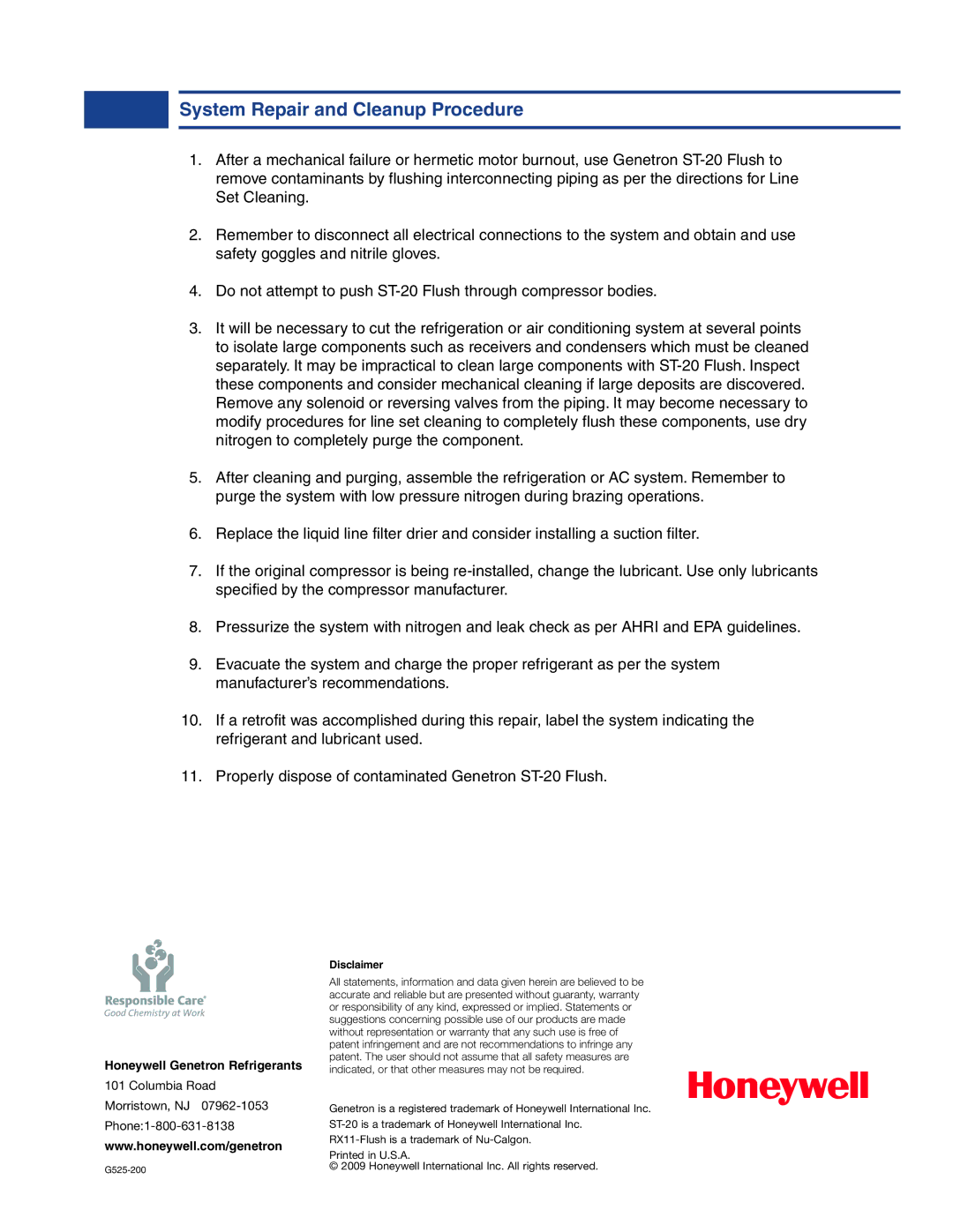 Honeywell ST-20 manual System Repair and Cleanup Procedure, Honeywell Genetron Refrigerants 