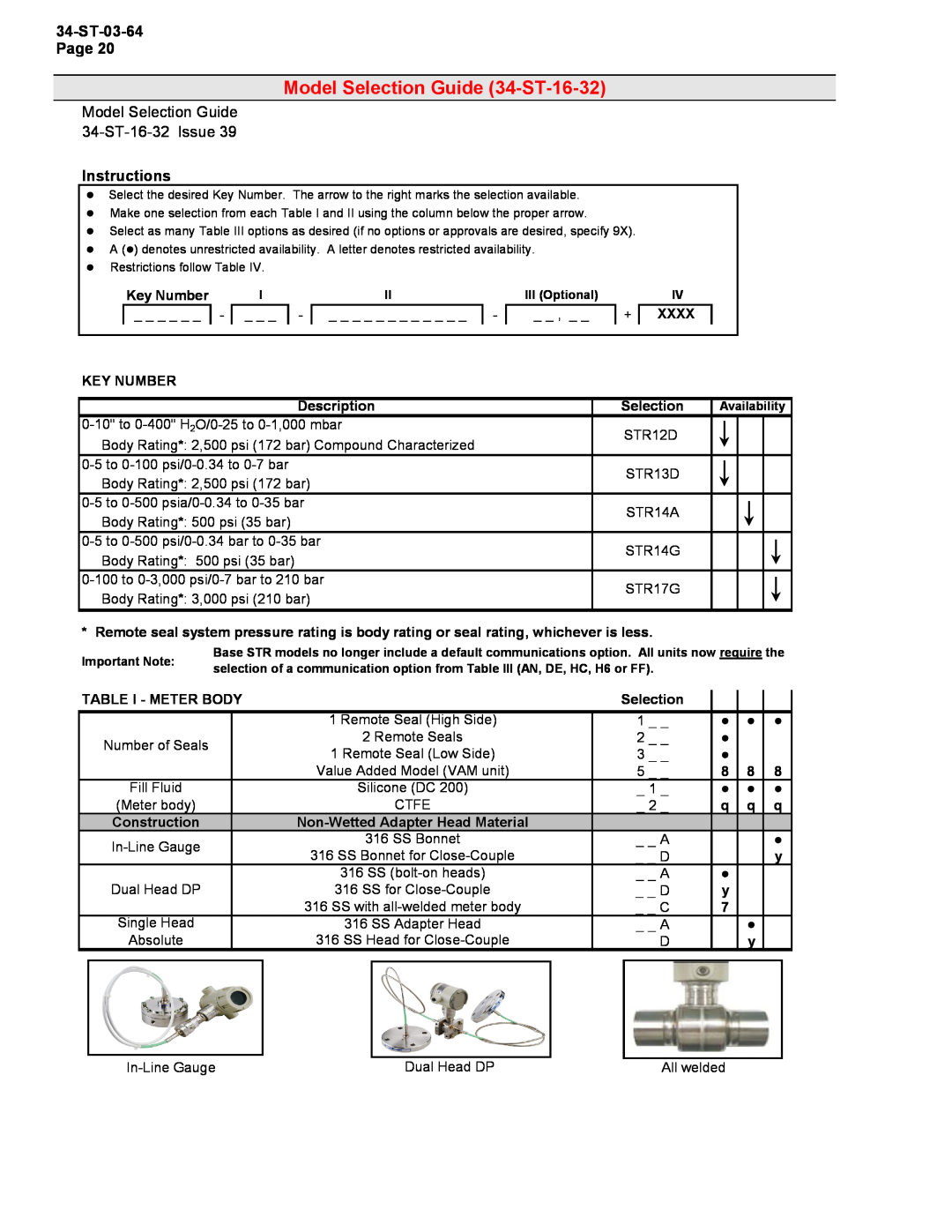 Honeywell STR12D warranty Model Selection Guide 34-ST-16-32, 34-ST-03-64Page, Instructions 