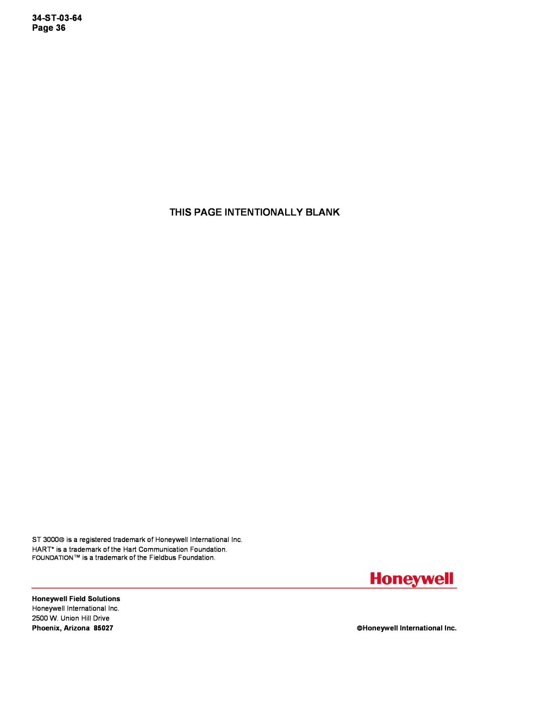 Honeywell STR12D warranty This Page Intentionally Blank, Honeywell Field Solutions, Phoenix, Arizona 