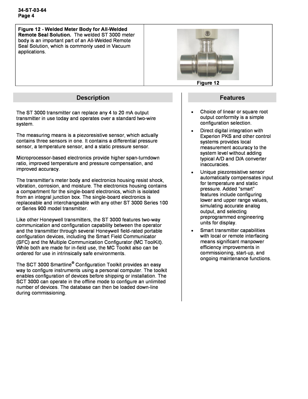 Honeywell STR12D warranty Description, Features, 34-ST-03-64Page 