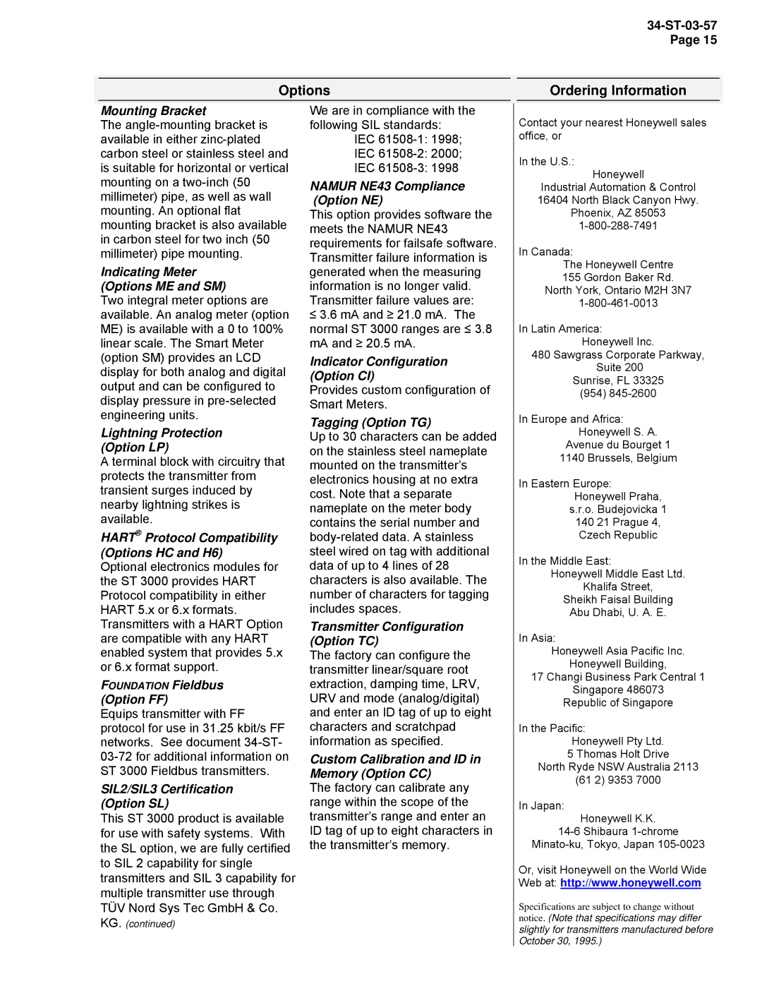 Honeywell STR94G, STR93D manual Options 