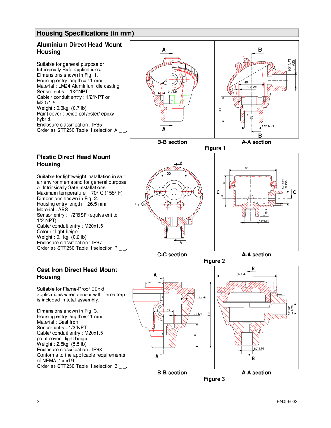 Honeywell STT250 Housing Specifications in mm, Aluminium Direct Head Mount Housing, Plastic Direct Head Mount Housing 