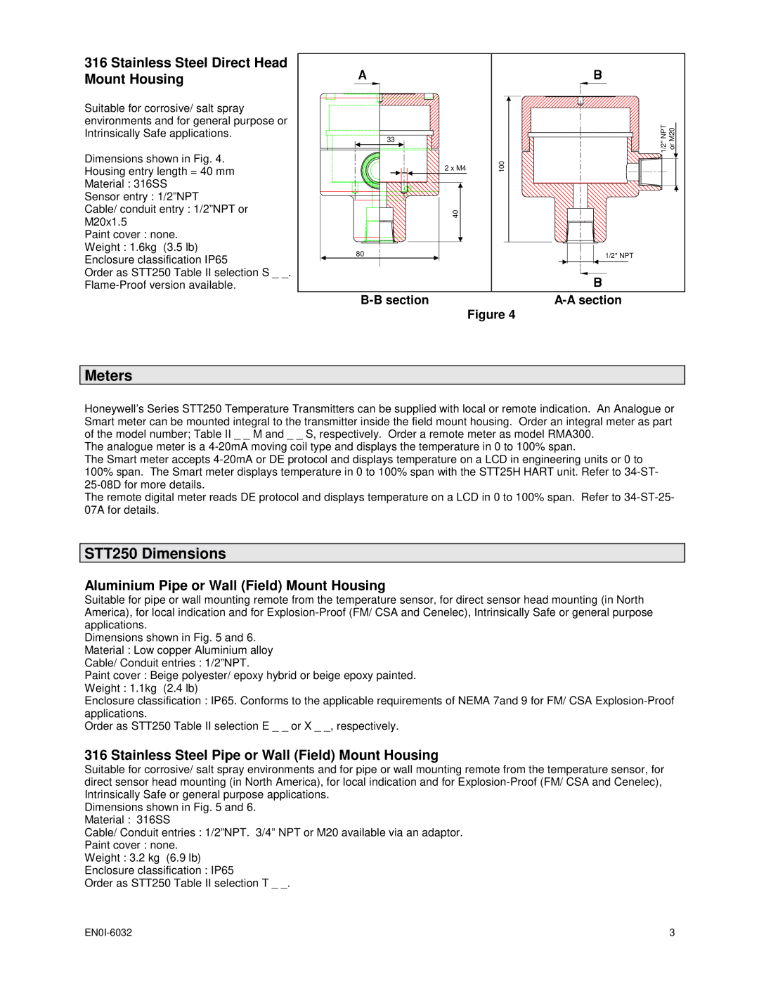 Honeywell specifications Meters, STT250 Dimensions, Stainless Steel Direct Head Mount Housing 