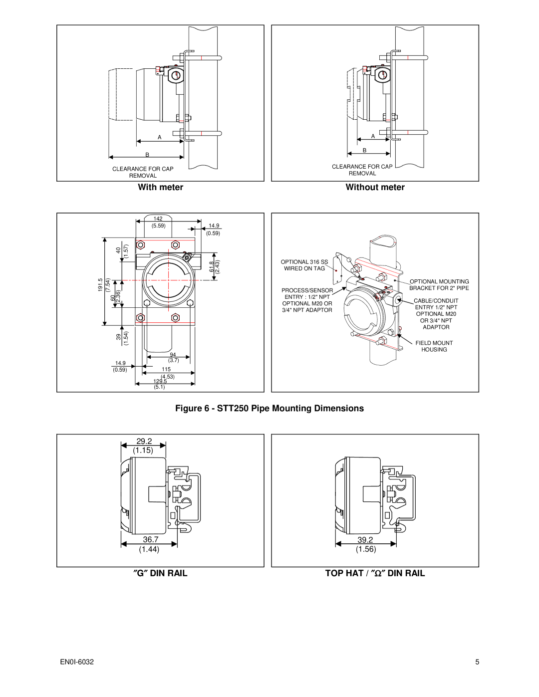 Honeywell specifications STT250 Pipe Mounting Dimensions, 29.2 36.7 39.2 