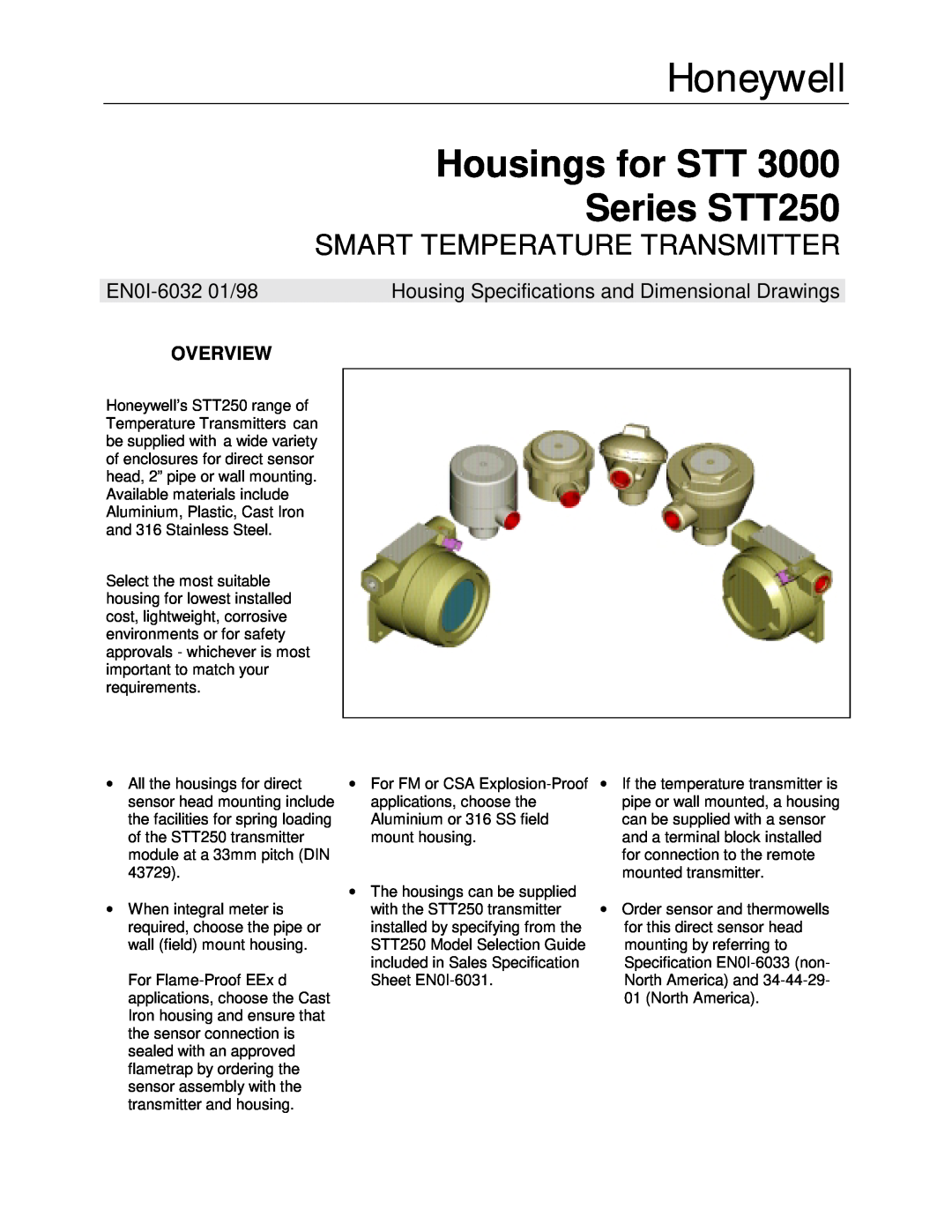 Honeywell specifications Overview, Honeywell, Housings for STT Series STT250, Smart Temperature Transmitter 