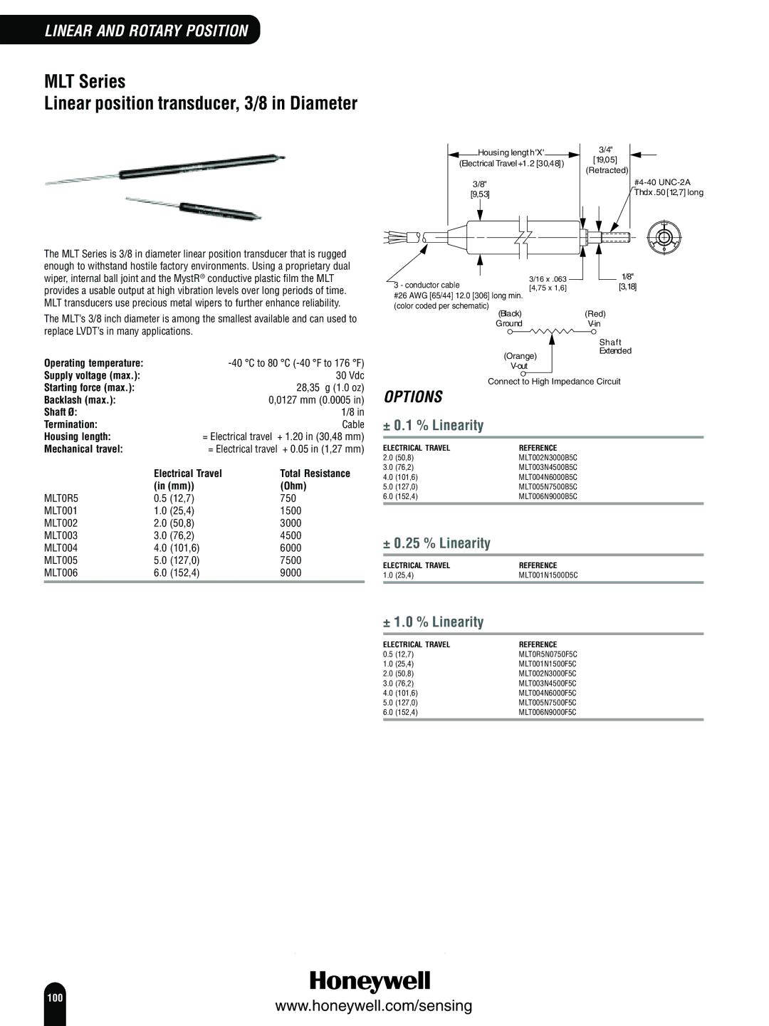 Honeywell Switches and Sensors manual MLT Series Linear position transducer, 3/8 in Diameter, 0127 mm 0.0005, MLT005, 7500 