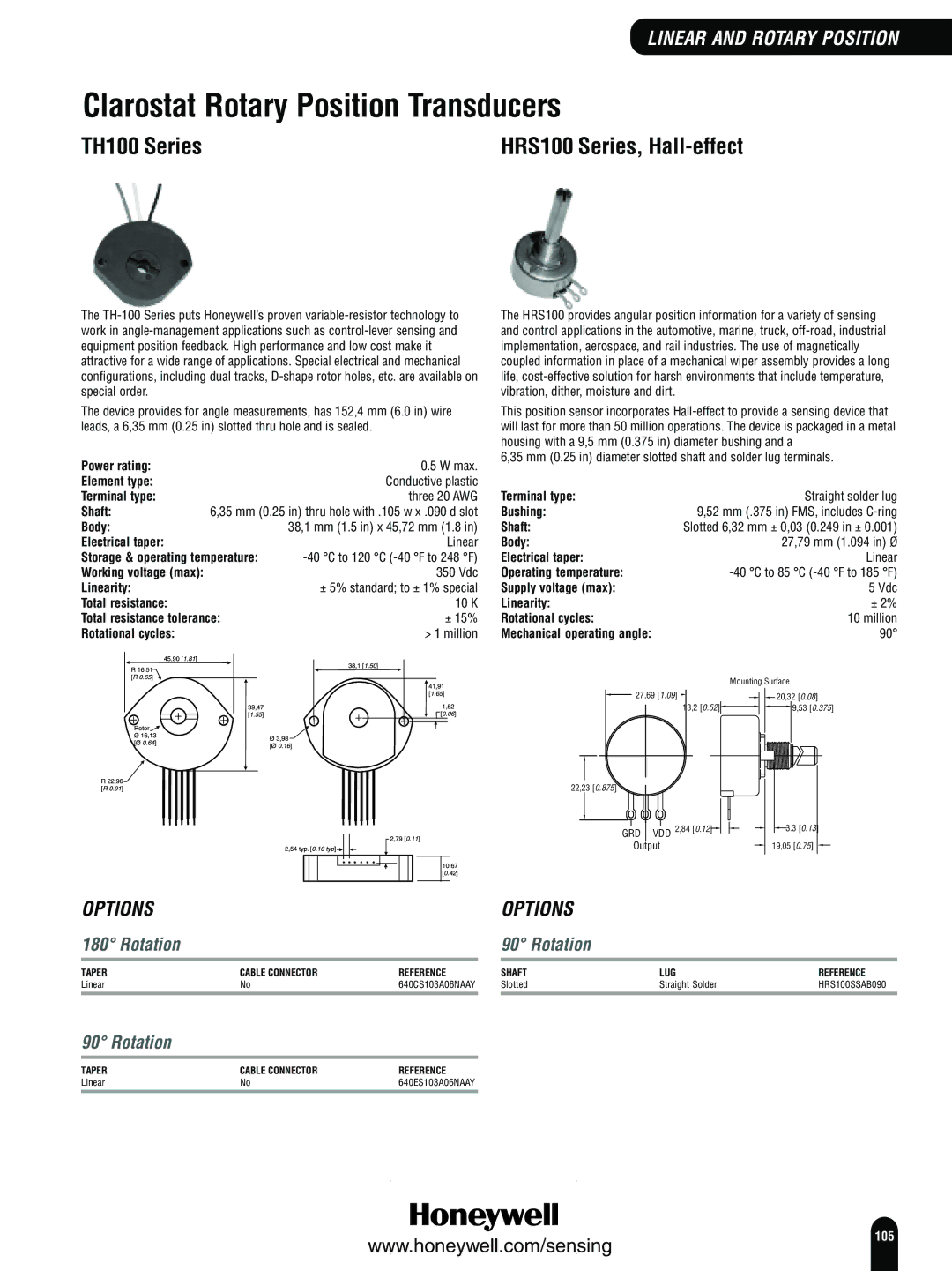 Honeywell Switches and Sensors manual Clarostat Rotary Position Transducers, TH100 Series, Rotation 