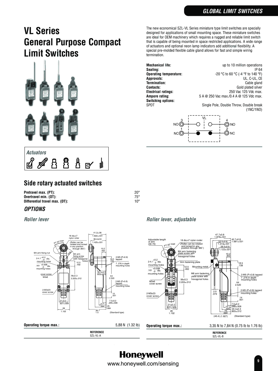 Honeywell Switches and Sensors manual VL Series General Purpose Compact Limit Switches, Side rotary actuated switches 