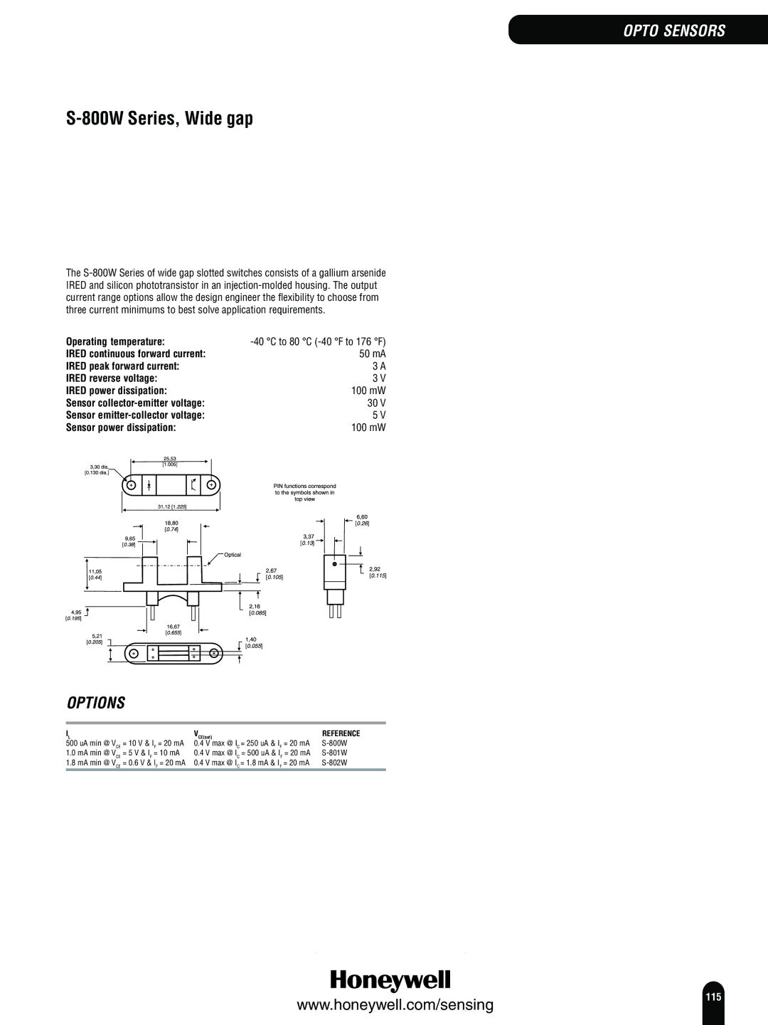 Honeywell Switches and Sensors manual 800W Series, Wide gap, 50 mA, 100 mW, To 80 C -40 F to 176 F 