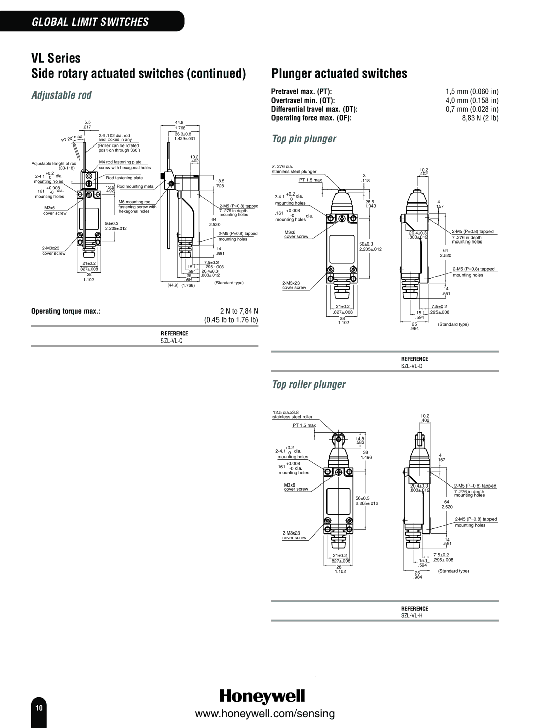 Honeywell Switches and Sensors manual VL Series, Plunger actuated switches, Adjustable rod, Top roller plunger 