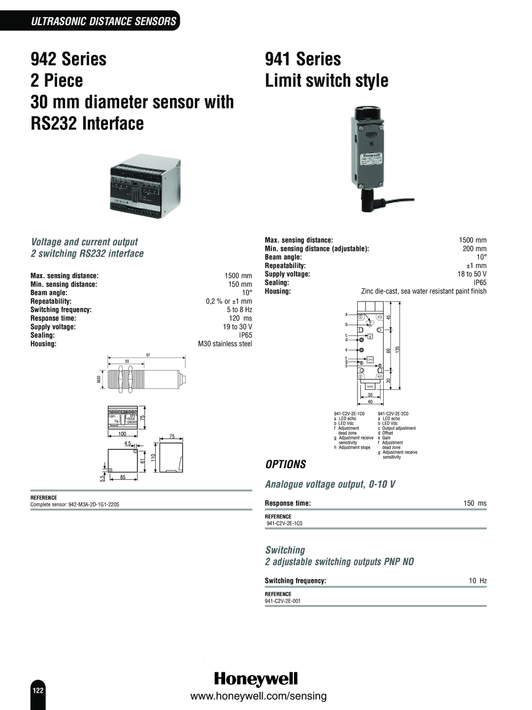 Honeywell Switches and Sensors manual Series Piece, RS232 Interface, Voltage and current output, Switching RS232 interface 