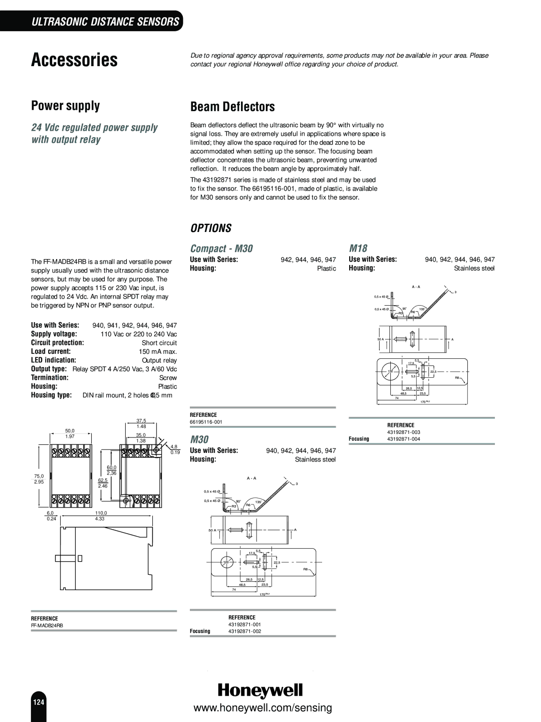 Honeywell Switches and Sensors manual Accessories, Power supply, Beam Deflectors 