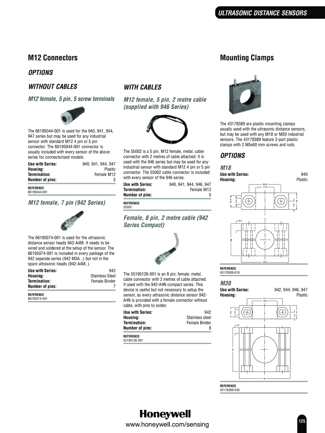 Honeywell Switches and Sensors manual M12 Connectors, Supplied with 946 Series, M12 female, 7 pin 942 Series 