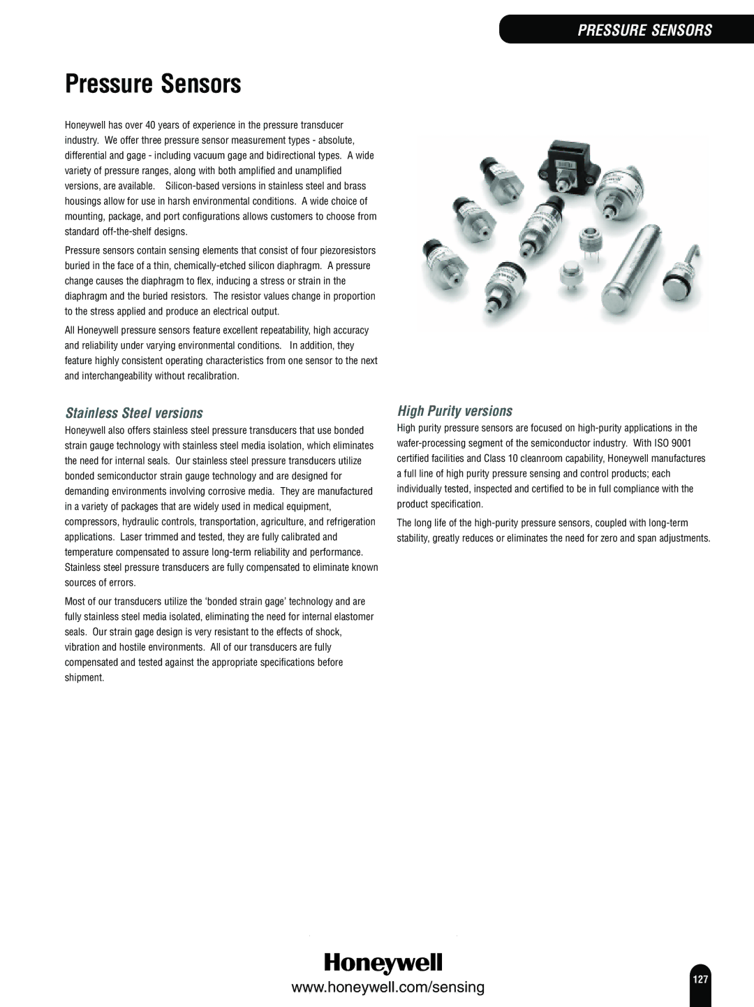 Honeywell Switches and Sensors manual Pressure Sensors, Stainless Steel versions, High Purity versions 