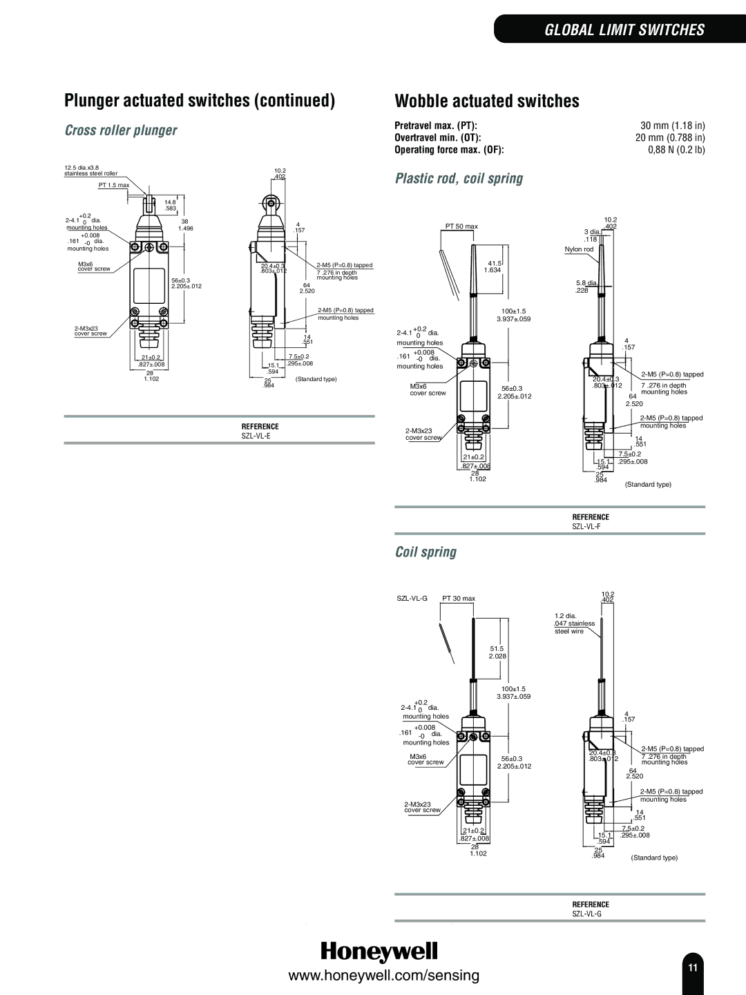 Honeywell Switches and Sensors manual Wobble actuated switches, Cross roller plunger, Plastic rod, coil spring, Coil spring 