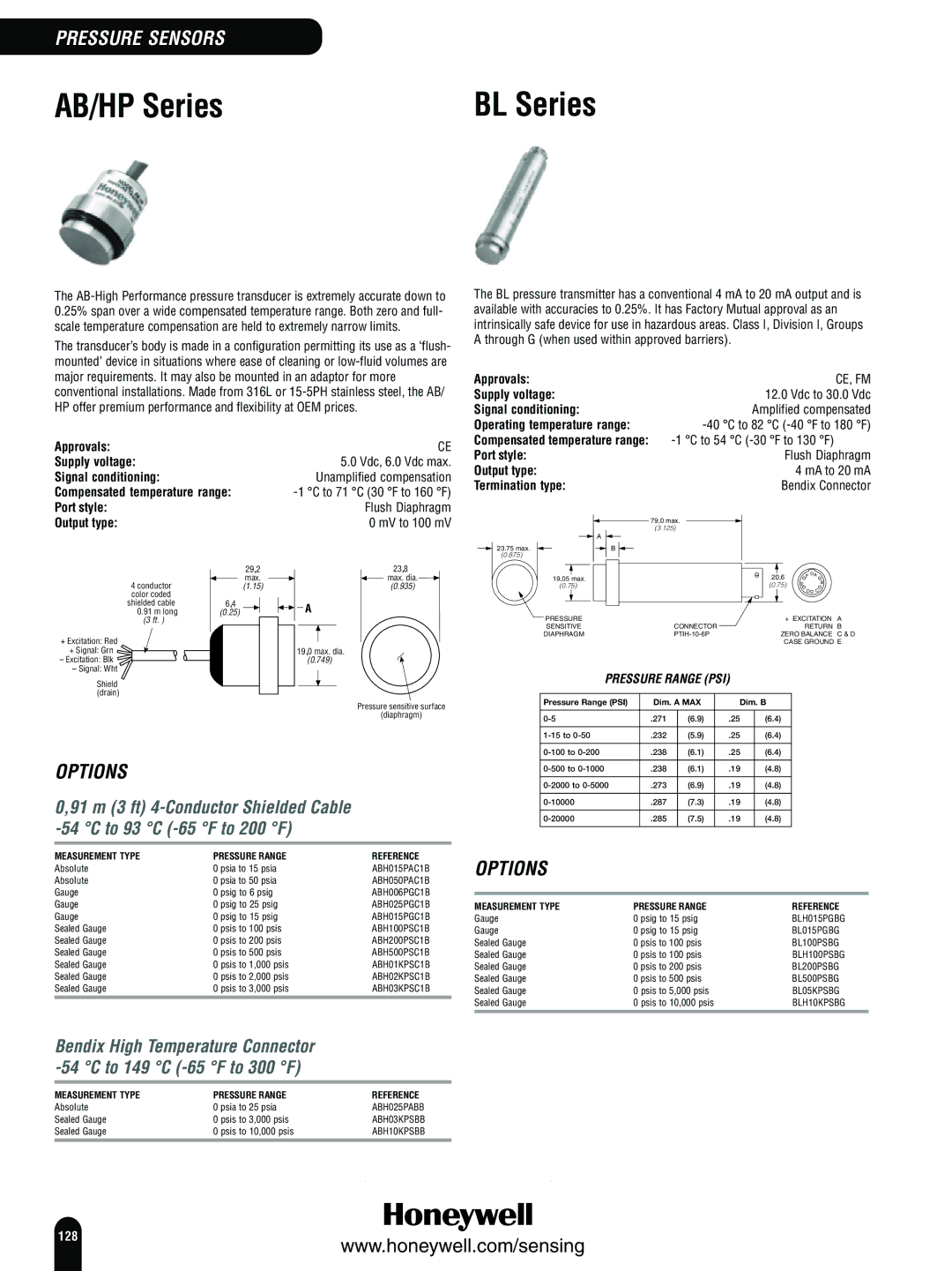 Honeywell Switches and Sensors manual Port style Flush Diaphragm Output type MV to 100 mV, Termination type 