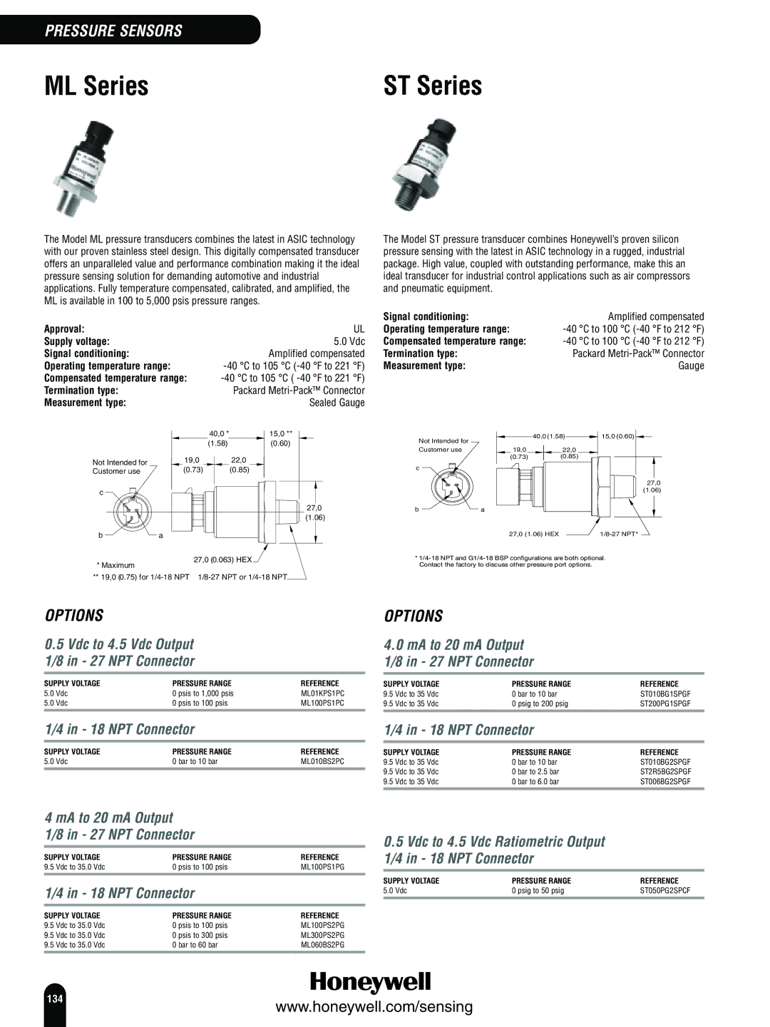 Honeywell Switches and Sensors manual Vdc to 4.5 Vdc Ratiometric Output 1/4 in 18 NPT Connector, Sealed Gauge 