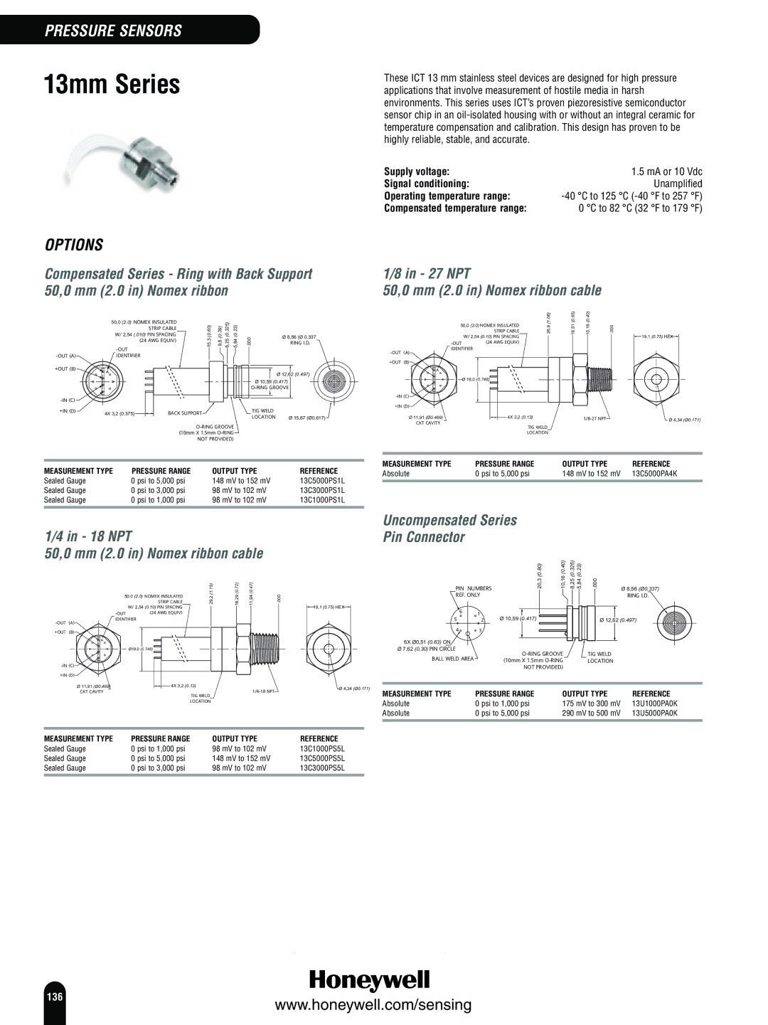 Honeywell Switches and Sensors 13mm Series, NPT 50,0 mm 2.0 in Nomex ribbon cable, Uncompensated Series Pin Connector 