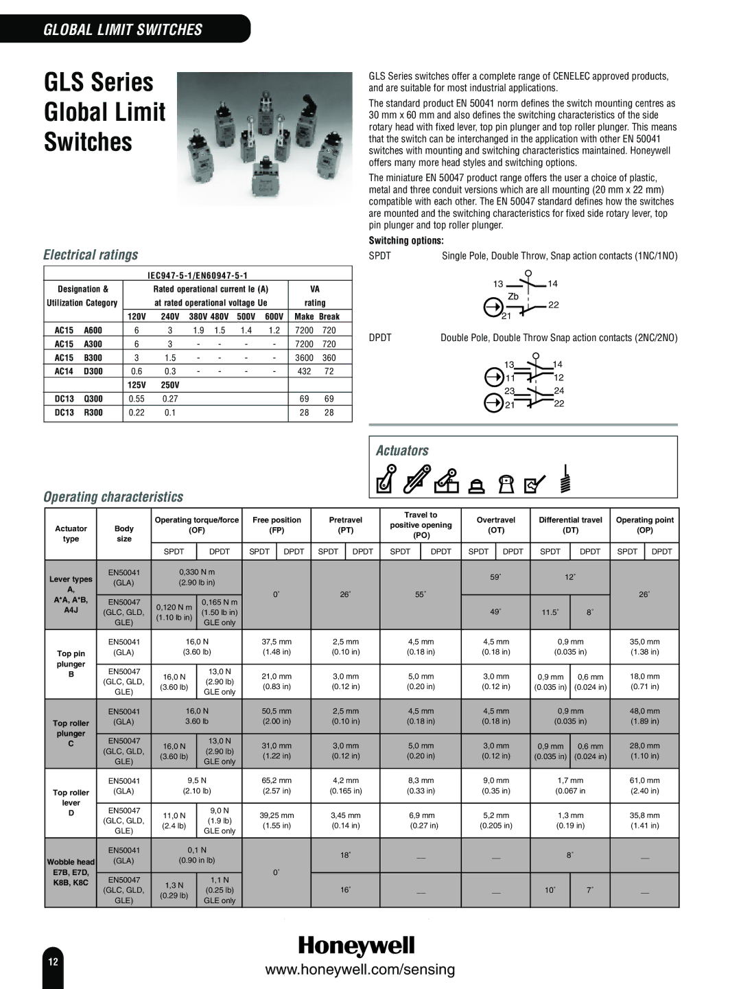 Honeywell Switches and Sensors GLS Series Global Limit Switches, Electrical ratings, Operating characteristics Actuators 