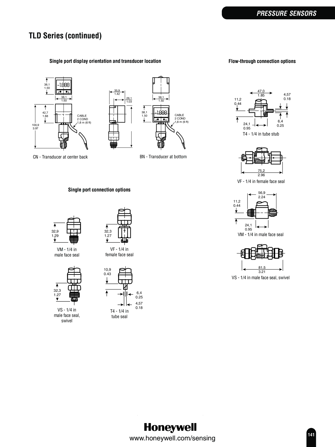 Honeywell Switches and Sensors manual TLD Series, VF 1/4 in female face seal, VM 1/4 in male face seal 