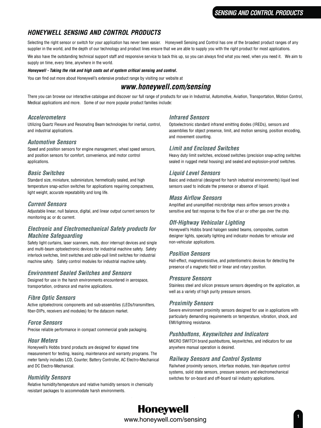 Honeywell Switches and Sensors manual Accelerometers, Infrared Sensors, Automotive Sensors, Limit and Enclosed Switches 