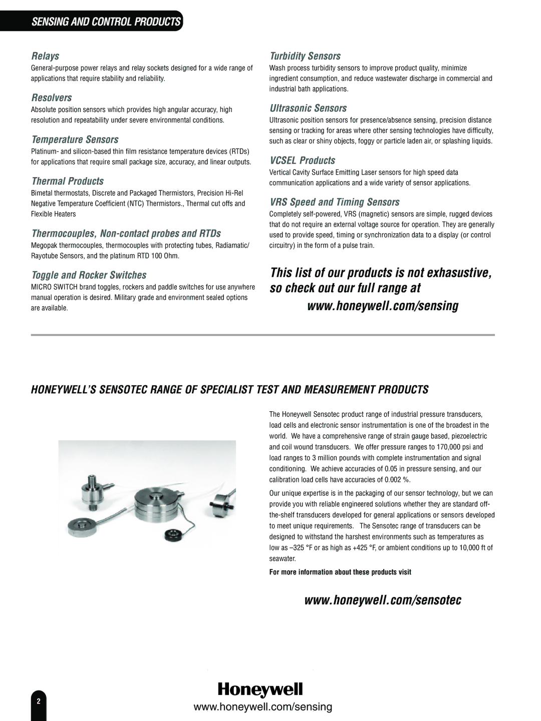 Honeywell Switches and Sensors Resolvers, Temperature Sensors, Thermal Products, Turbidity Sensors, Ultrasonic Sensors 