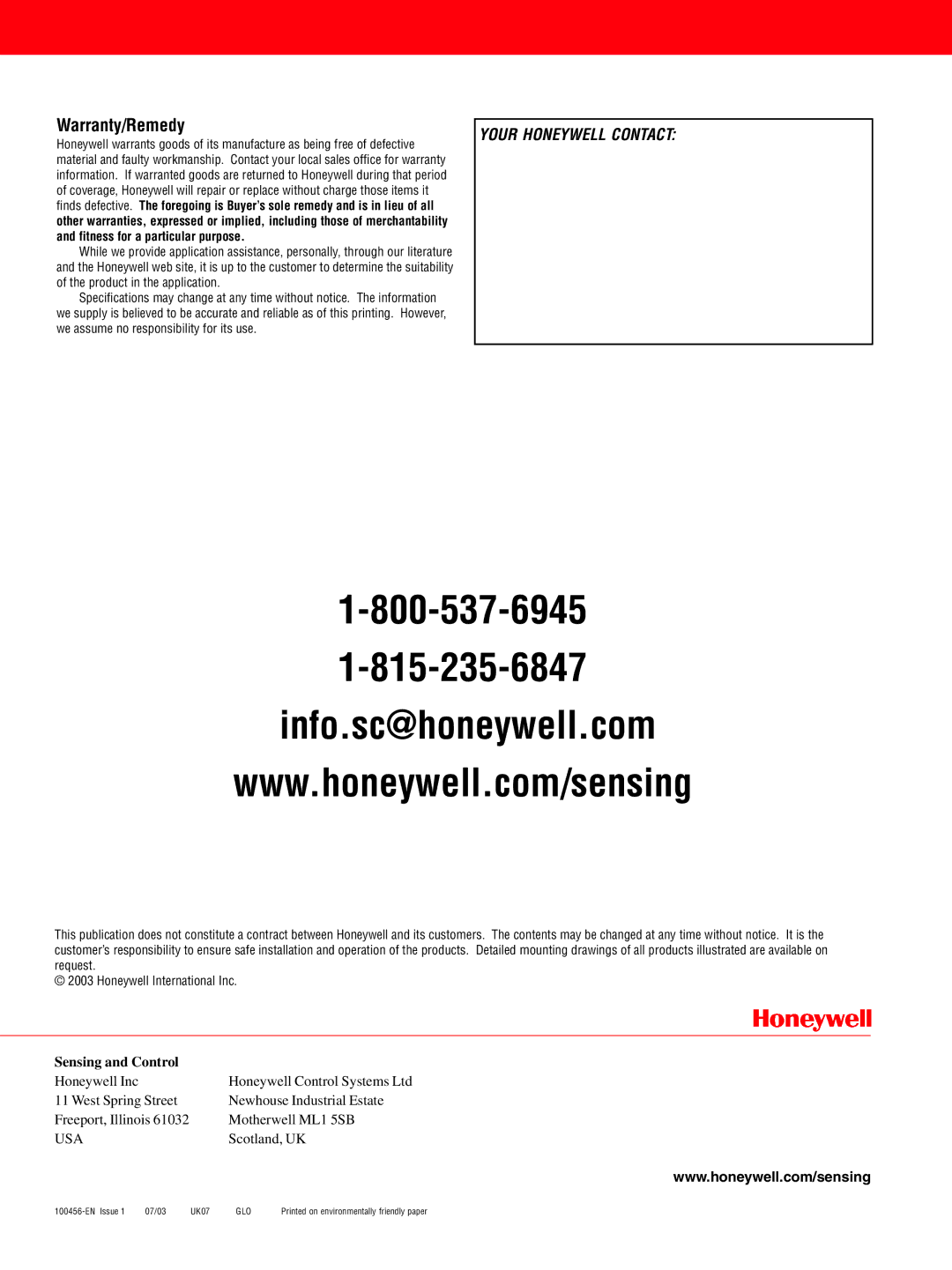 Honeywell Switches and Sensors manual Info.sc@honeywell.com 