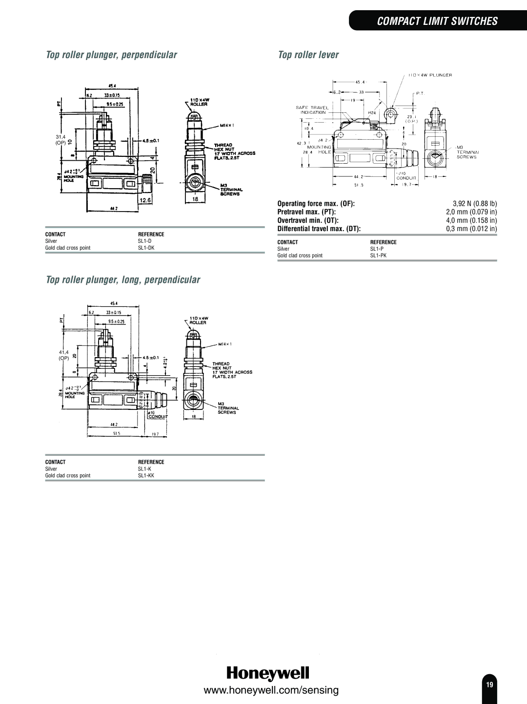 Honeywell Switches and Sensors manual Top roller plunger, long, perpendicular, 92 N 0.88 lb, Mm 0.079, Mm 0.158, Mm 0.012 