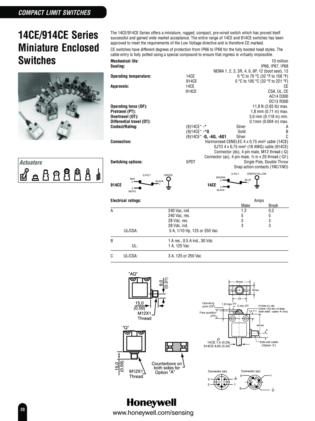 Honeywell Switches and Sensors manual Pretravel PT, Overtravel OT, Contact/Rating, Connection, 914CE 