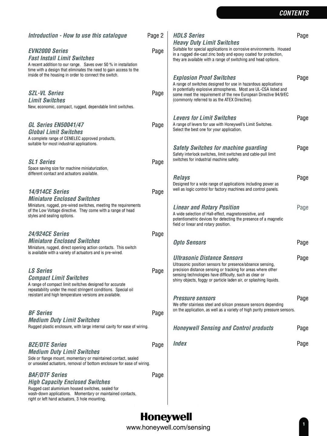 Honeywell Switches and Sensors manual SZL-VL Series Limit Switches, GL Series EN50041/47 Global Limit Switches, SL1 Series 
