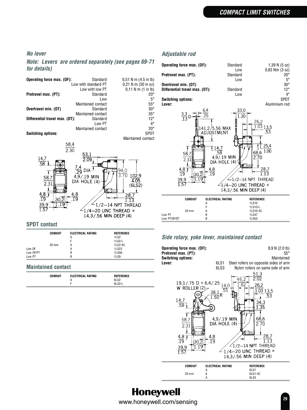 Honeywell Switches and Sensors No lever, Spdt contact, Maintained contact, Side rotary, yoke lever, maintained contact 