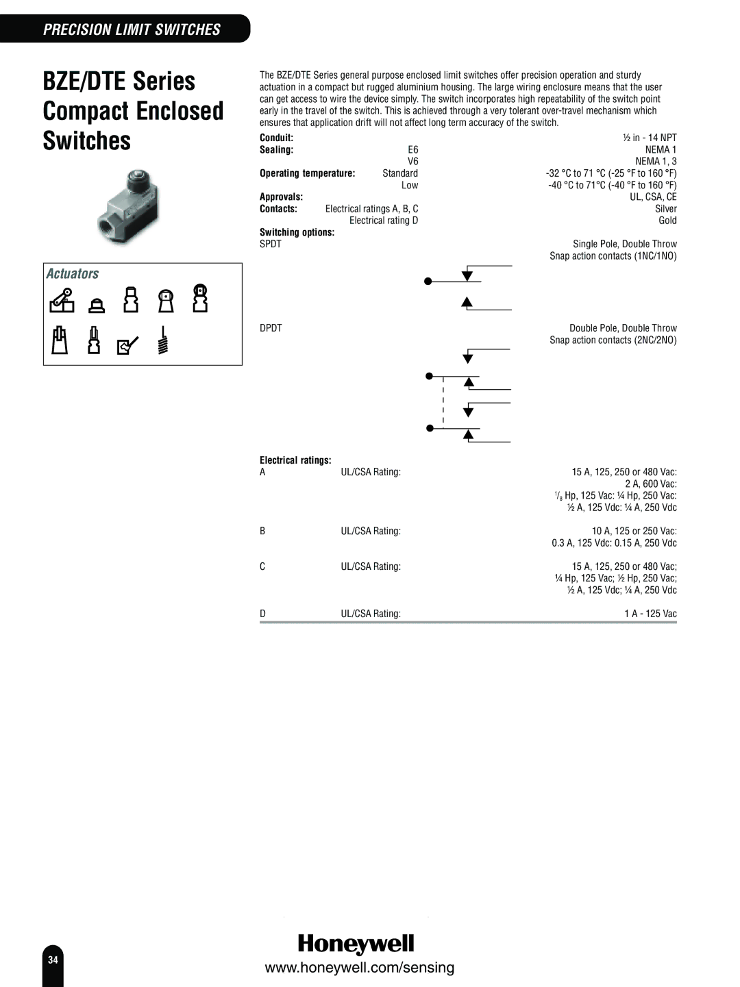 Honeywell Switches and Sensors manual BZE/DTE Series 