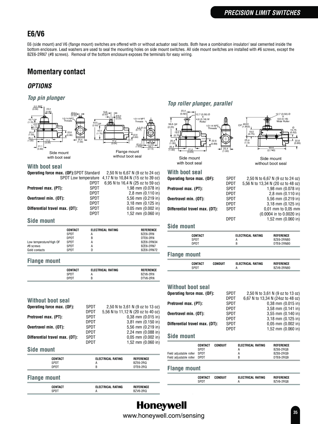 Honeywell Switches and Sensors manual E6/V6, Momentary contact, Top pin plunger Top roller plunger, parallel 