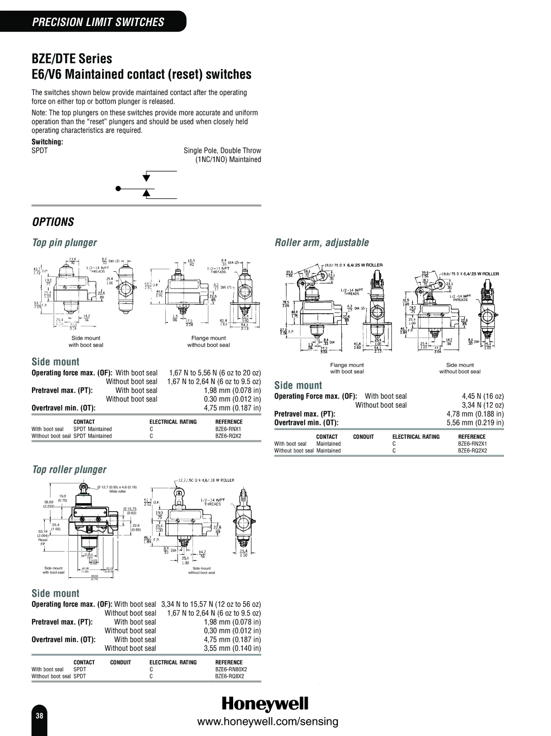 Honeywell Switches and Sensors manual BZE/DTE Series E6/V6 Maintained contact reset switches, Switching 