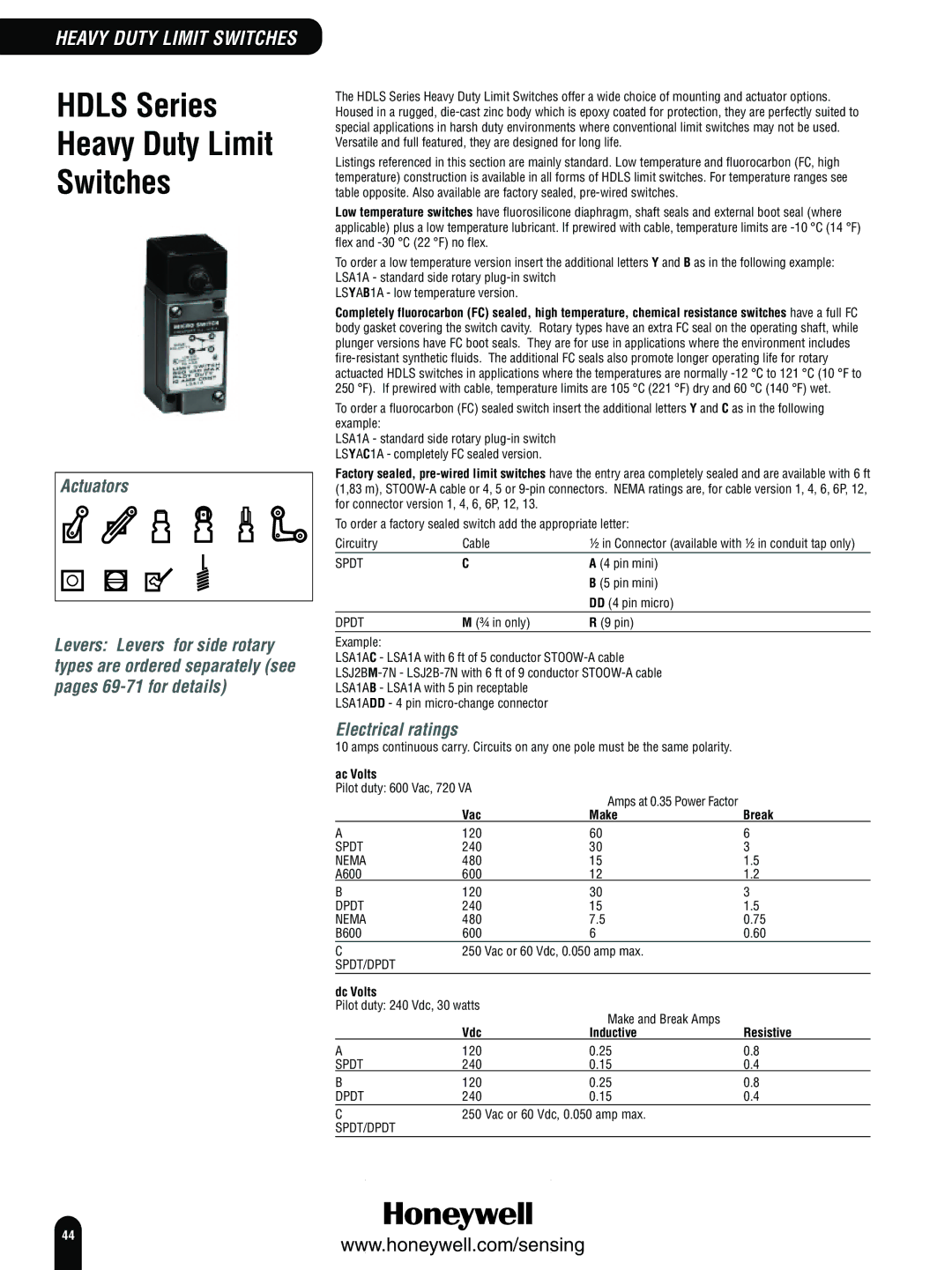 Honeywell Switches and Sensors manual Hdls Series Heavy Duty Limit Switches, Ac Volts, Vac Make Break, Dc Volts 