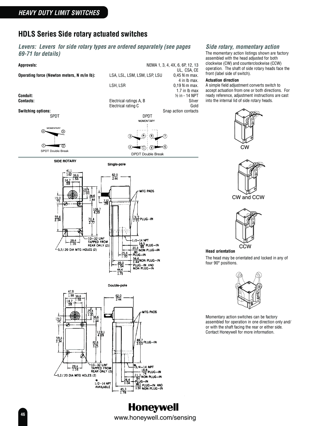 Honeywell Switches and Sensors Hdls Series Side rotary actuated switches, Side rotary, momentary action, Head orientation 