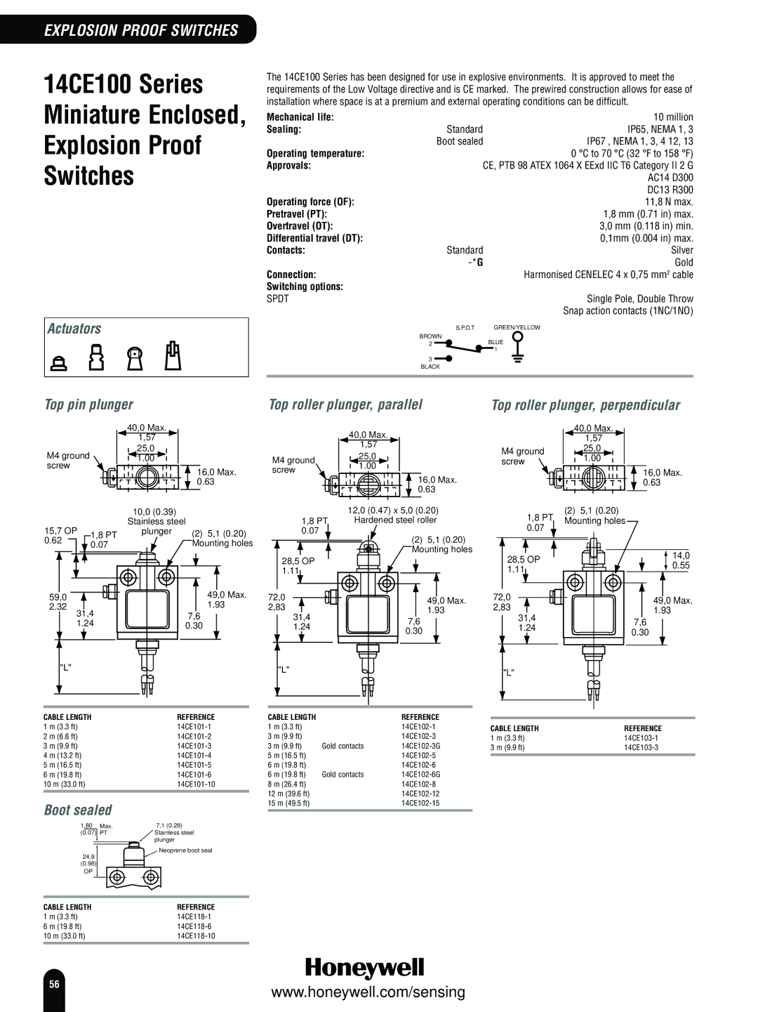 Honeywell Switches and Sensors manual 14CE100 Series, Differential travel DT 