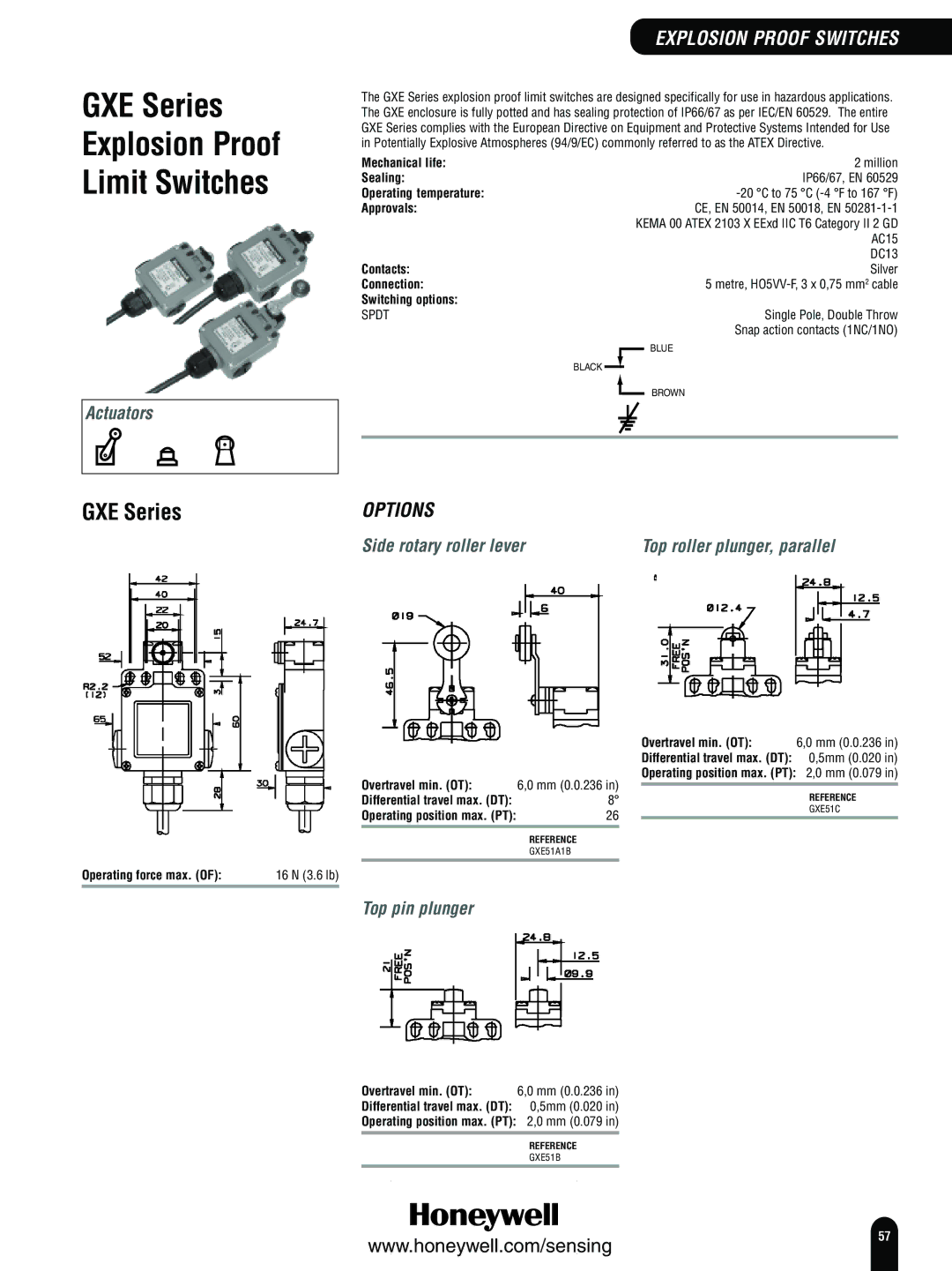 Honeywell Switches and Sensors manual GXE Series Explosion Proof Limit Switches, Side rotary roller lever, 5mm 0.020 