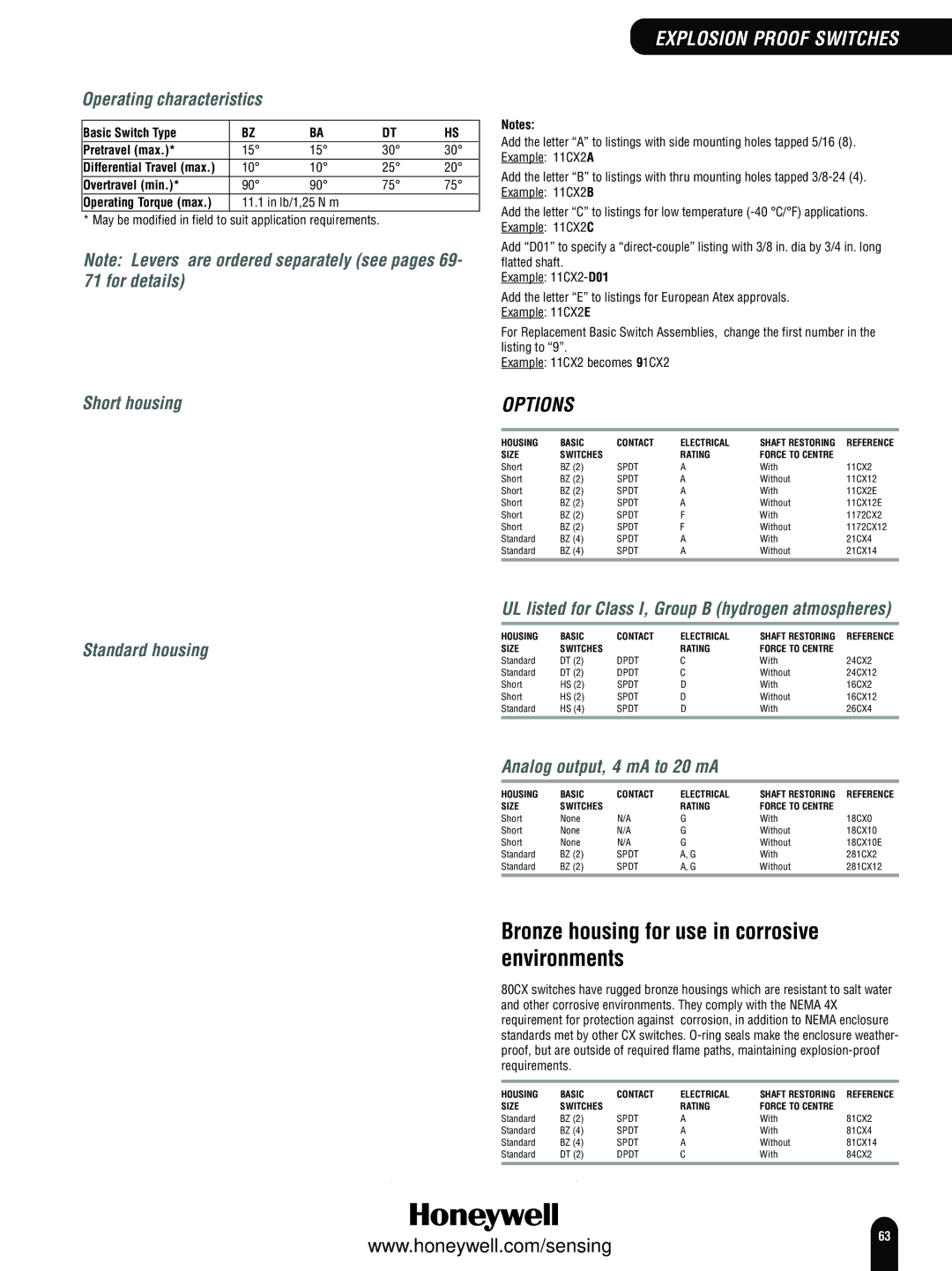 Honeywell Switches and Sensors manual Bronze housing for use in corrosive environments, Short housing Standard housing 