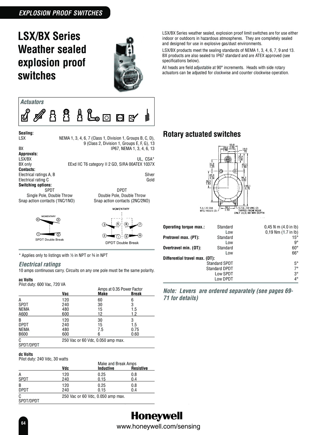 Honeywell Switches and Sensors manual IP67, Nema 1, 3, 4, 6, BX only, Silver Electrical rating C Gold, 480 B600 