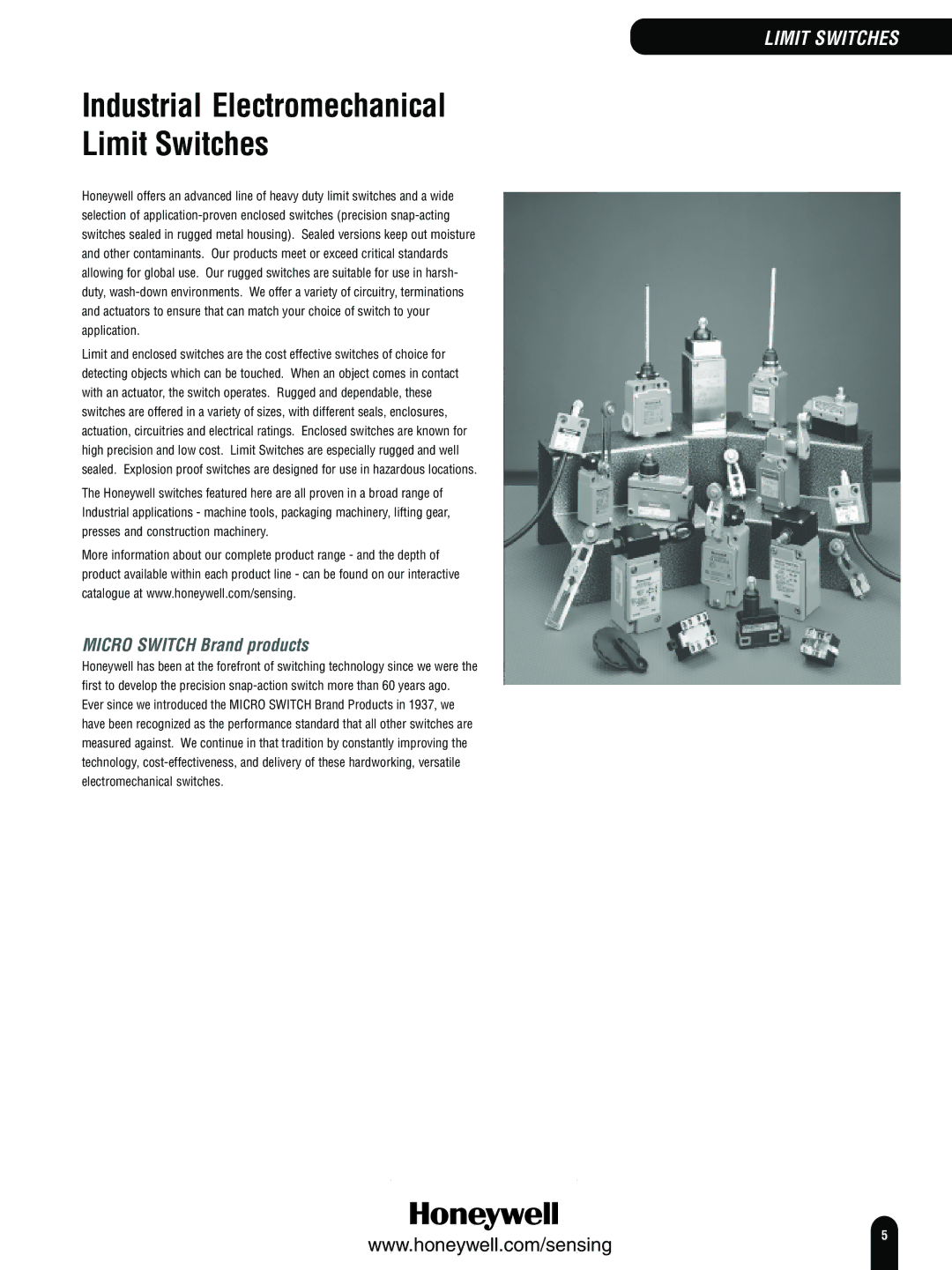 Honeywell Switches and Sensors manual Industrial Electromechanical Limit Switches, Micro Switch Brand products 