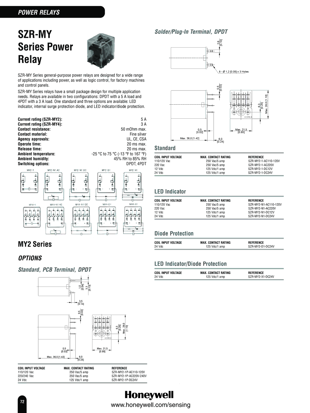 Honeywell Switches and Sensors Series Power Relay, MY2 Series, Standard, PCB Terminal, Dpdt Solder/Plug-In Terminal, Dpdt 